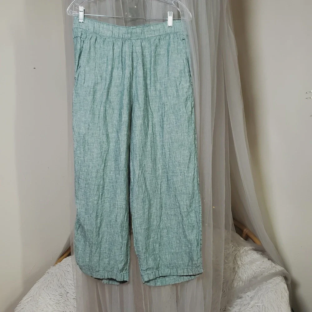 Resort Minimalist Sage Green Linen Wide Leg Pants Euro Summer Crop Size L Vaca